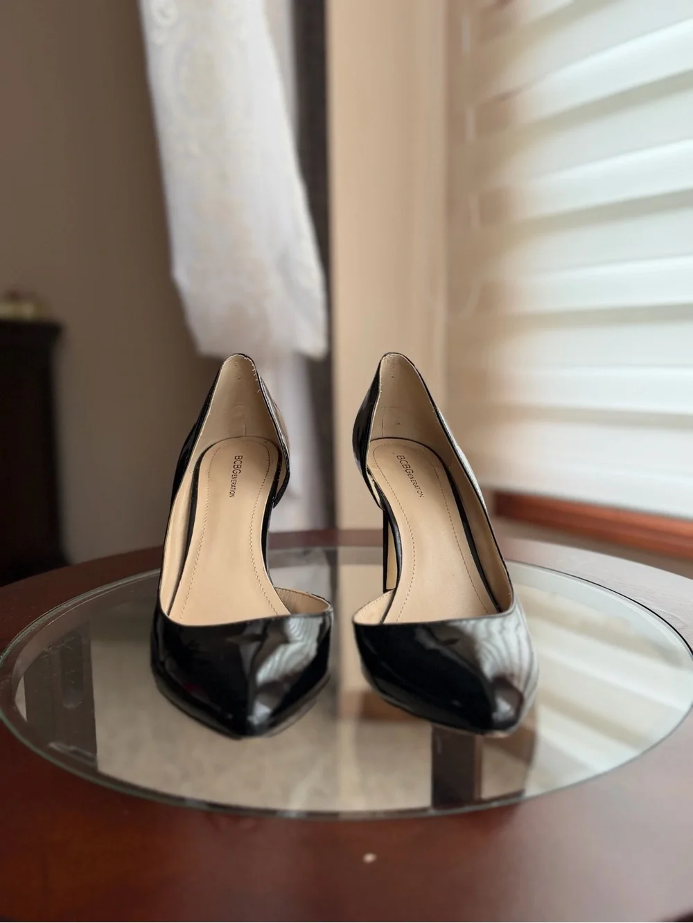 BCBGeneration Black Patent D'Orsay Pointed-Toe Stiletto Heels